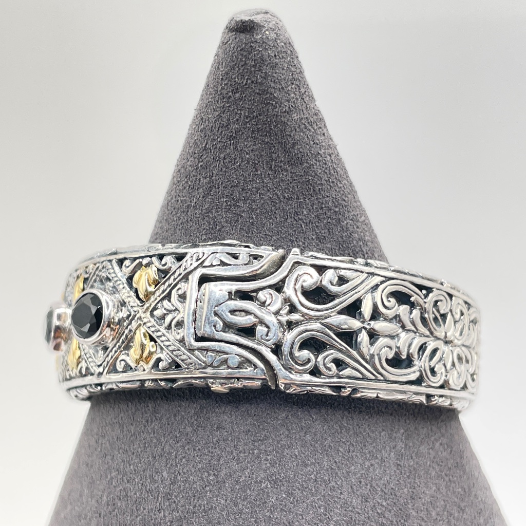 Robert Manse Signed 925 Sterling Silver 18k Onyx Cuff Bangle Bracelet — image 3 of 8